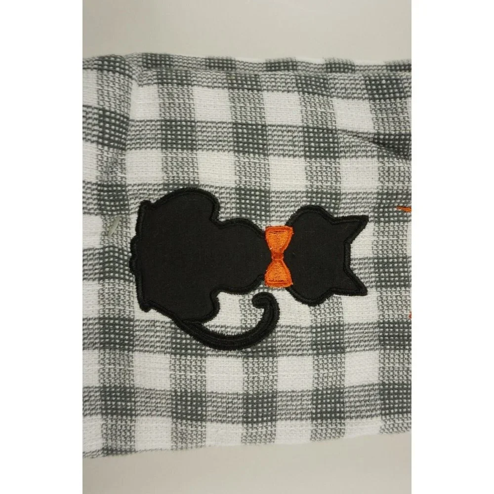 New Set of Two Trick Or Treat Halloween Kitchen Towels White Black Cat Checkered